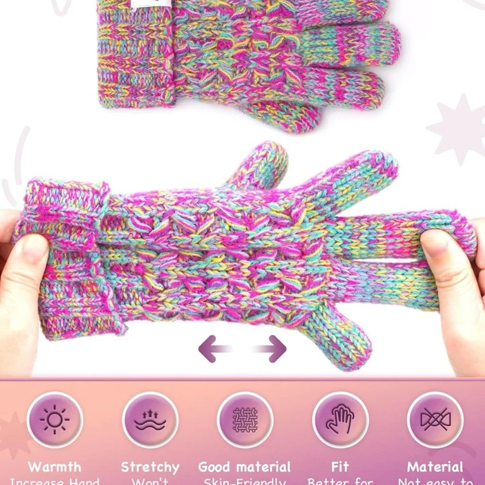 Winter Knit Gloves with Faux Fur Cuff - Purple and Tan